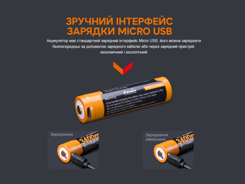Аккумулятор 18650 Fenix 3400mAh 3.6V с micro-USB зарядкой (Черно-желтый) Киев - изображение 10