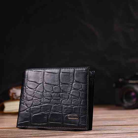 Чоловічий гаманець без застібки горизонтального формату з натуральної шкіри з тисненням під крокодила Чорний (CANPELLINI) Київ