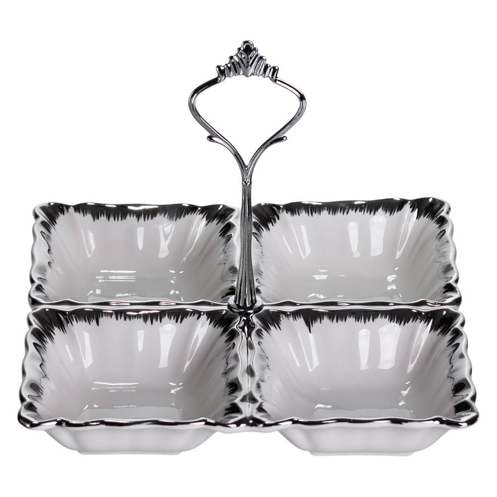 Yiwu Менажниця порцелянова на 4 секції для закусок 18×18×3 (см) з ручкою Білий з сріблом LC-BYL Коломия - фото 4