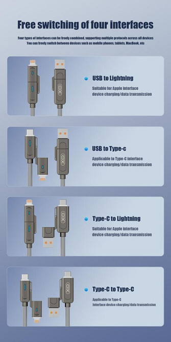 Кабель XO NB275 Zinc Alloy Silicone Type-C/USB-A to TYPE-C/Lightning - 4-in-1 - 60W - 1m Gray (7102296) Київ - фото 13