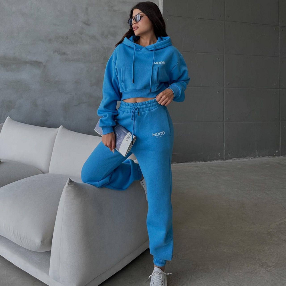 Костюм женский Quzen 493-497 укороченное худи с капюшоном MOOD брюки резинка утепленный синий, синий, S Киев - изображение 9