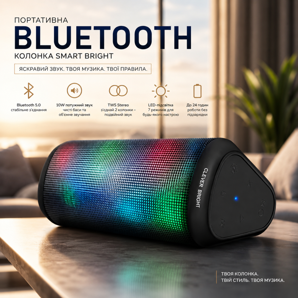 Портативна Bluetooth-колонка Smart Bright 10W, Bluetooth 5.0, LED-підсвітка 7 режимів, TWS Stereo, до 24 годин роботи Київ - фото 1