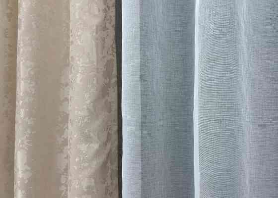 Комплект штор VR-Textil Лен Мрамор 150х270 2шт и Тюль 600х270 1767ш-1276т Бежевый с белым 71-019/5 Киев