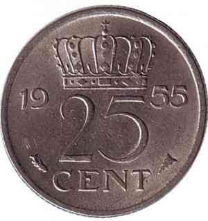 Монета 25 центов. 1955 год, Нидерланды. Полтава