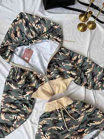 Женский принтованный костюм двойка: укороченная кофта и шорты в милитари стиле петля + рибана Хаки, 42/44 Одесса