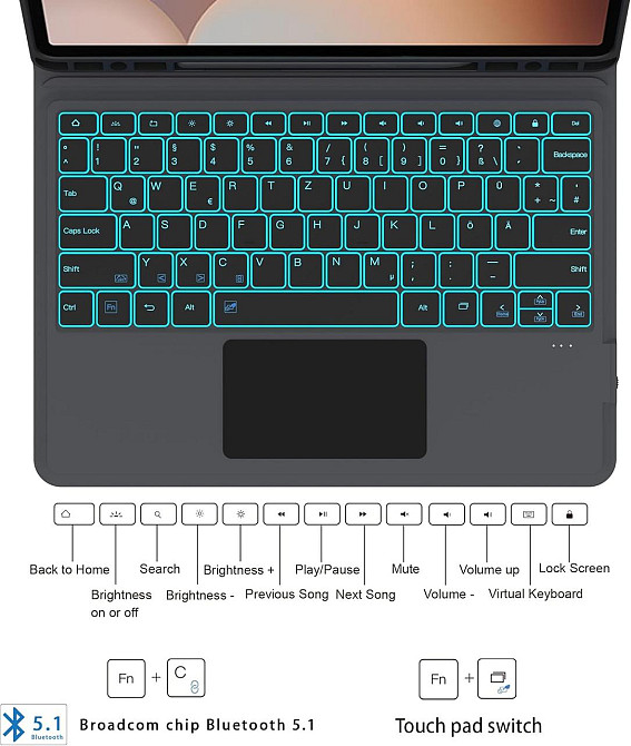 Клавіатура чохол Galaxy Tab S10+/S9+/S9 FE+ 12.4 чорний RGB підсвітка QWERTZ трекпад Bluetooth з тримачем для S Pen захисний кейс Київ - фото 3