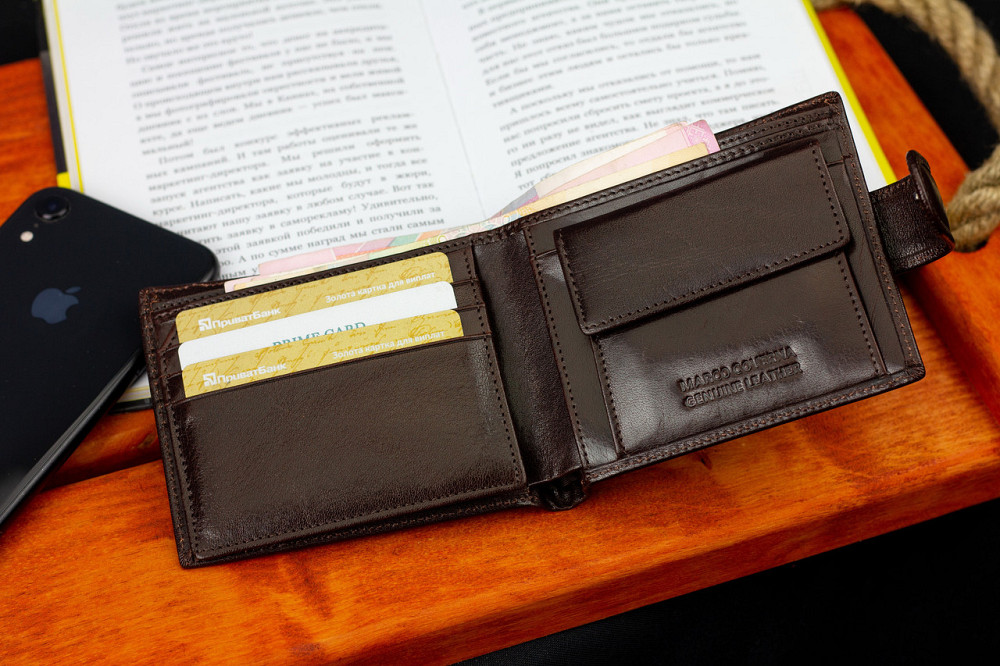 Чоловічий гаманець з натуральної шкіри Marco Coverna коричневе портмоне на застібку з кнопкою на подарунок чоловікові Київ - фото 9