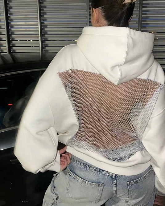 Жіночий стильний оверсайз худі з блискучою сіткою на спині трьохнитка на флісі + сітка Одеса - фото 2