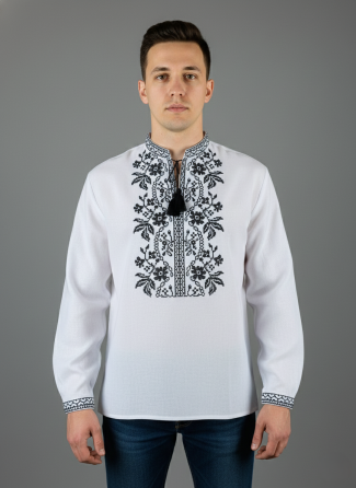Чоловіча вишиванка на довгий рукав з чорним орнаментом на білому полотні. Київ