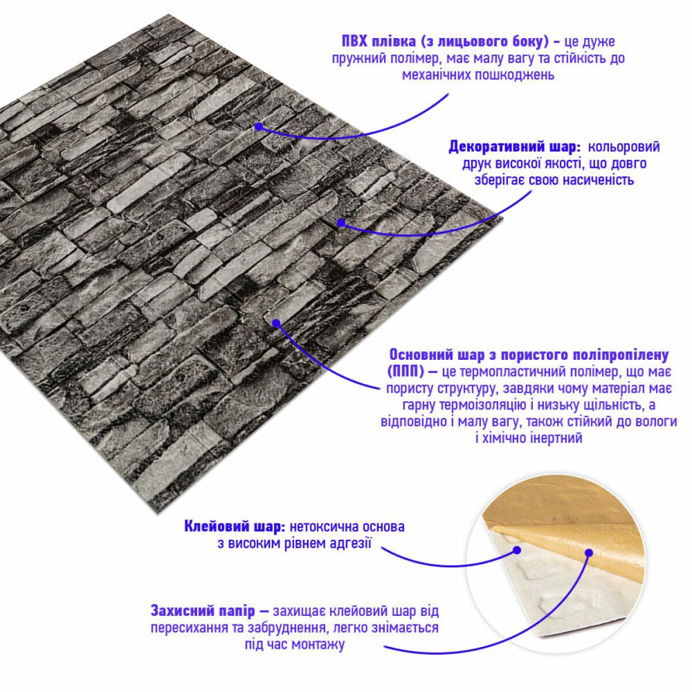 Самоклеюча 3D панель 700x770x3мм Графітовий (59-3) SW-00001481 Київ - фото 2