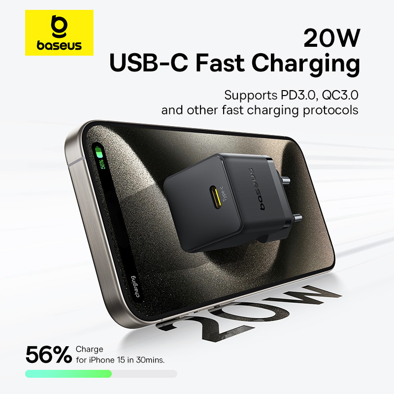 Сетевое зарядное устройство с кабелем Baseus Palm Fast Charger 1C 20W EU Cosmic Black set USB-C to iP 20W 1m Одесса - изображение 10