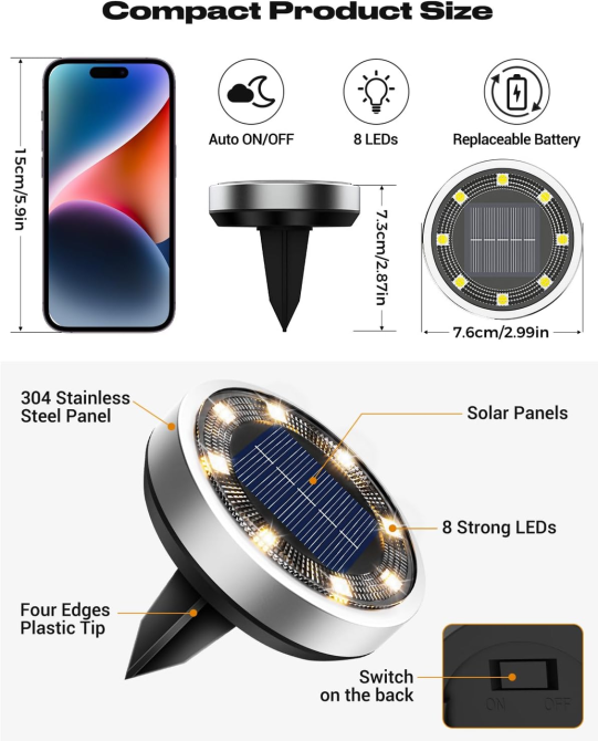 УЦЕНКА Солнечные грунтовые фонари btfarm, 10 шт., 8 LED, IP65, теплый белый свет, нержавеющая сталь Киев - изображение 7