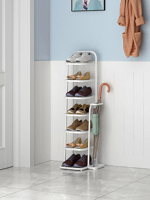 Полиця-стелаж для взуття, в передпокій на 7 пар взуття з підставкою для парасольок і аксесуарів, металевий, білий Кам'янець-Подільський - фото 2