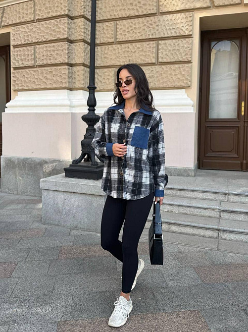 Женская стильная рубашка в клетку с джинсовыми вставками турецкая байка Черный, 46/48 Одесса - изображение 3