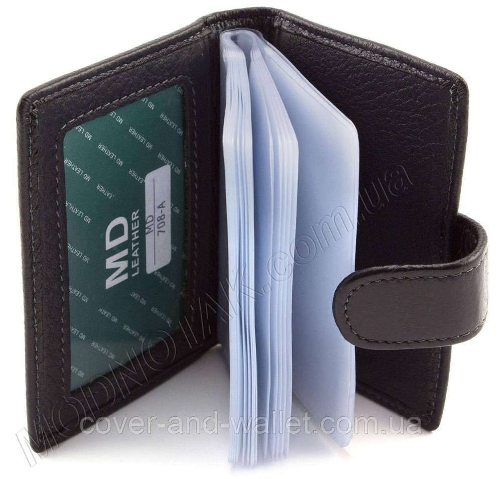 Чорна маленька візитниця з натуральної шкіри на кнопці MD Leather MD 708-A Київ - фото 8