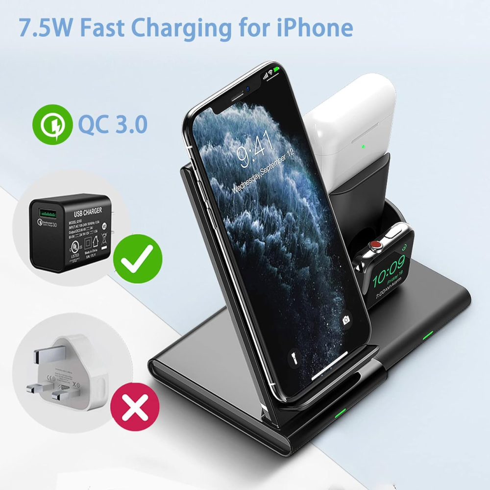 Бездротовий зарядний пристрій Seneo PA191 3 в 1 для iPhone 14/13/12/11/Pro, Apple Watch, AirPods, MagSafe, Чорний Київ - фото 4