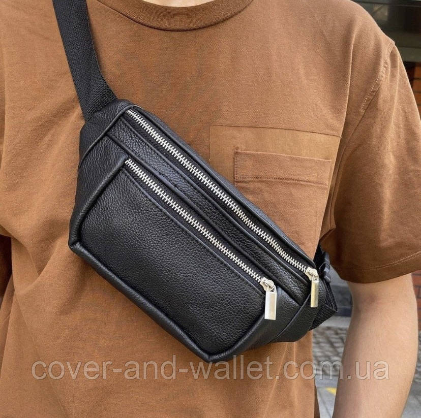 Кожаная мужская сумка бананка черного цвета Puos Киев - изображение 1