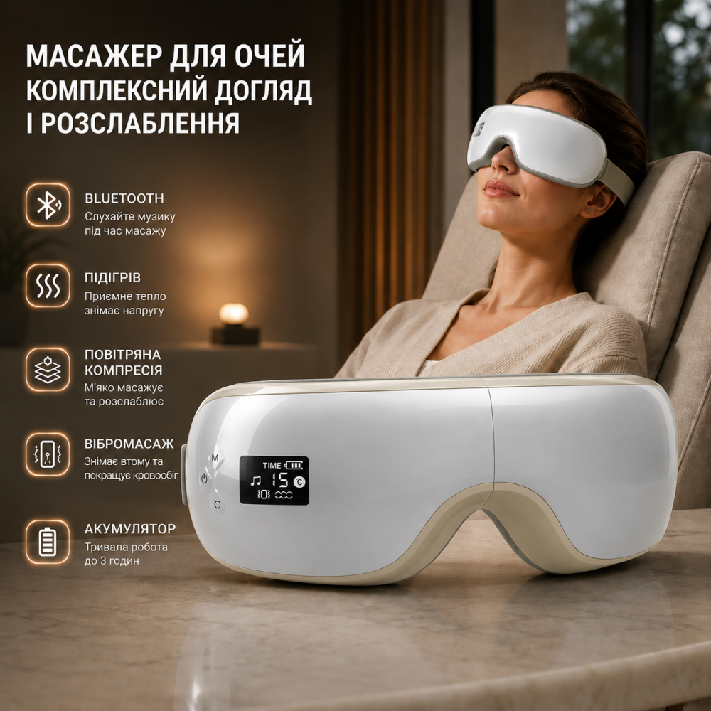 Массажер для глаз с Bluetooth, подогревом, воздушно-компрессионным и вибромассажем, аккумуляторный, золотисто-белый Киев - изображение 5