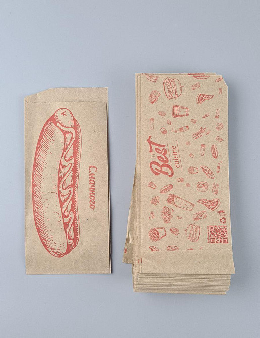 Пакет бумажный крафт бурий Уголок 90х0х210, 50г/м2, печать ХОТ ДОГ (100 шт) Харьков - изображение 1