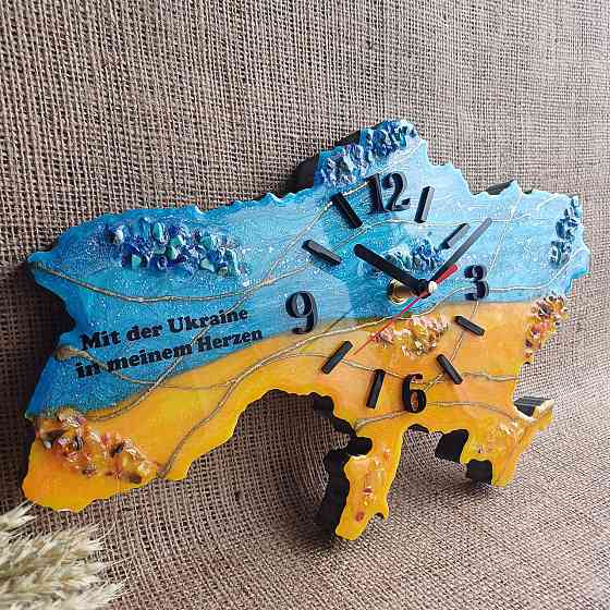 Настінний годинник з епоксидної смоли ручної роботи "Карта України" 30х19 см Дніпро