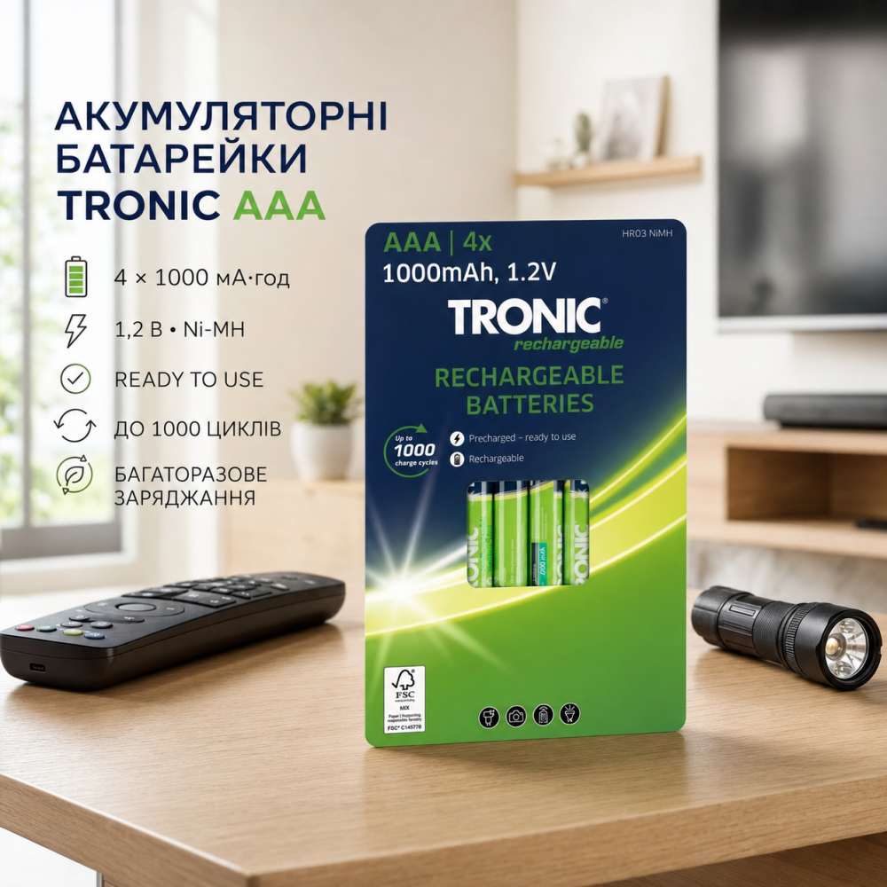 Аккумуляторные батарейки Tronic AAA 4×1000 мА·ч 1,2 В Ni-MH, Ready to Use, до 1000 циклов Киев - изображение 3