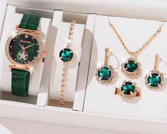 Жіночий подарунковий набір Emerald Luxe годинник браслет кольє сережки каблучка зелений Київ
