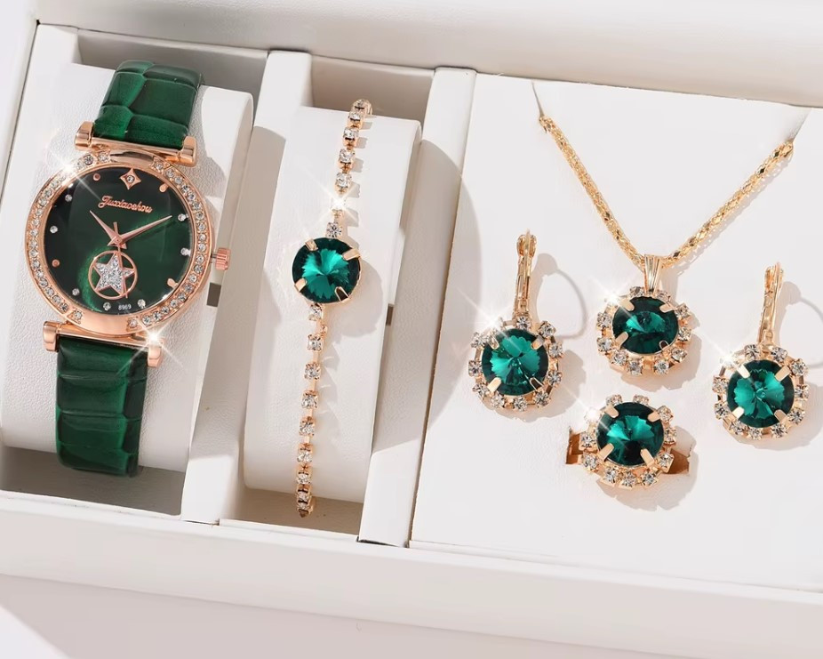 Жіночий подарунковий набір Emerald Luxe годинник браслет кольє сережки каблучка зелений Київ - фото 1