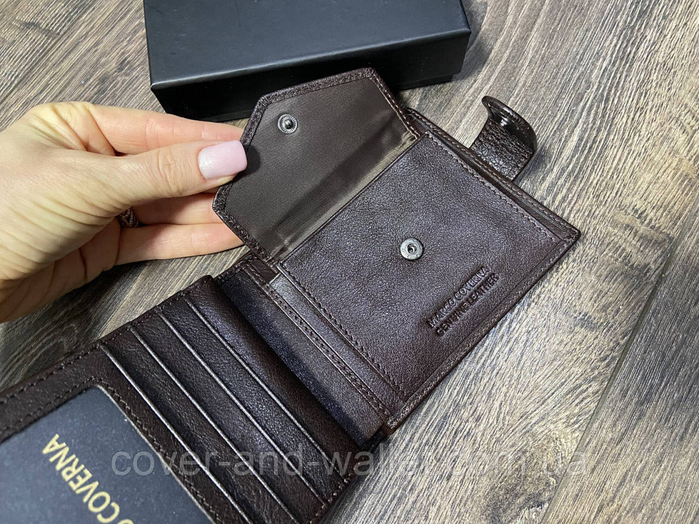 Брендовый мужской кошелек с блоком для документов коричневого цвета Marco Coverna 047-823 Киев - изображение 7