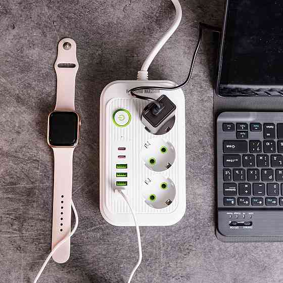 Сетевой фильтр кабель 2.7 м удлинитель F16 на 3 розетки 4 usb 2 type-c и кнопкой отключения Белый HP-5-19 Киев