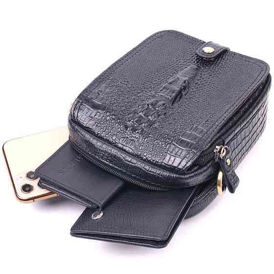 Невелика чоловіча сумка з натуральної шкіри з фактурою під крокодила Чорна (Vintage) Київ
