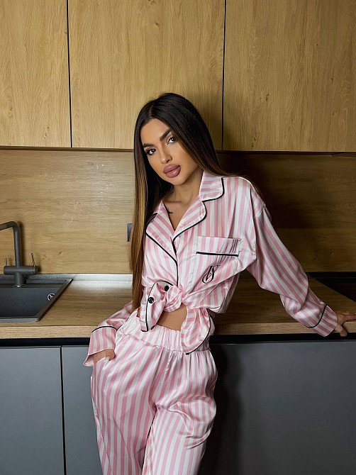 Женская шелковая пижама двойка в полоску Пудровый, 40/42 Одесса - изображение 3