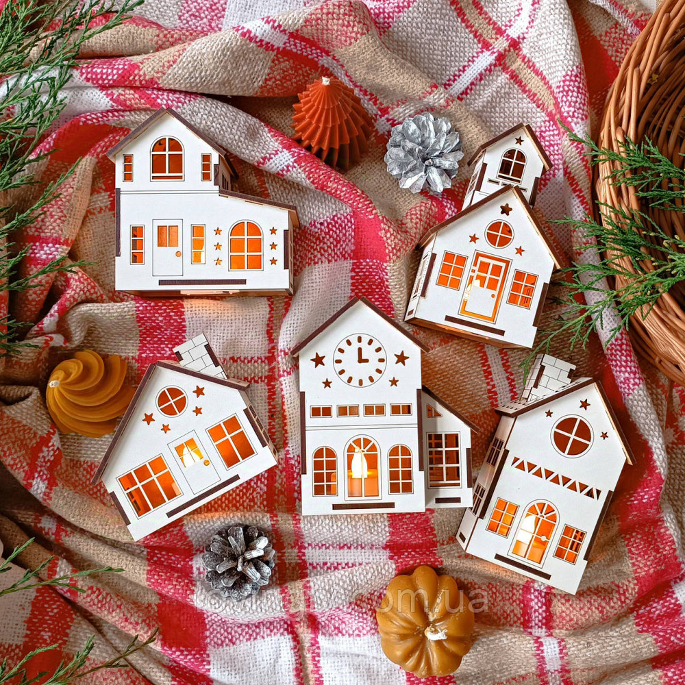 Рождественские домики с подсветкой - новогодний декор из дерева, комплект 5 шт. Ирпень - изображение 4