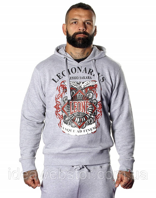 Толстовка чоловіча Leone Legionarivs Fleece Grey сіра з капюшоном із бавовни для спорту тренувань ММА бокса та повсякденного носін Київ - фото 7