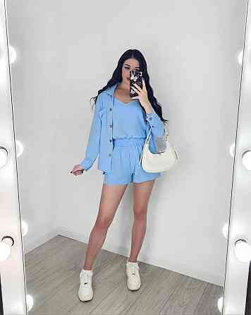 Жіночий легкий костюм-трійка: сорочка, майка та шорти креп жатка Блакитний, 42/44 Одеса