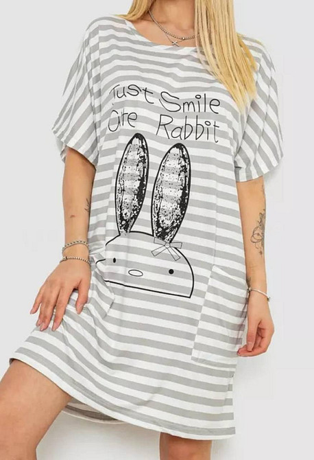 Женская трикотажная ночная рубашка батал в полоску Серый, 52/54 Одесса - изображение 1