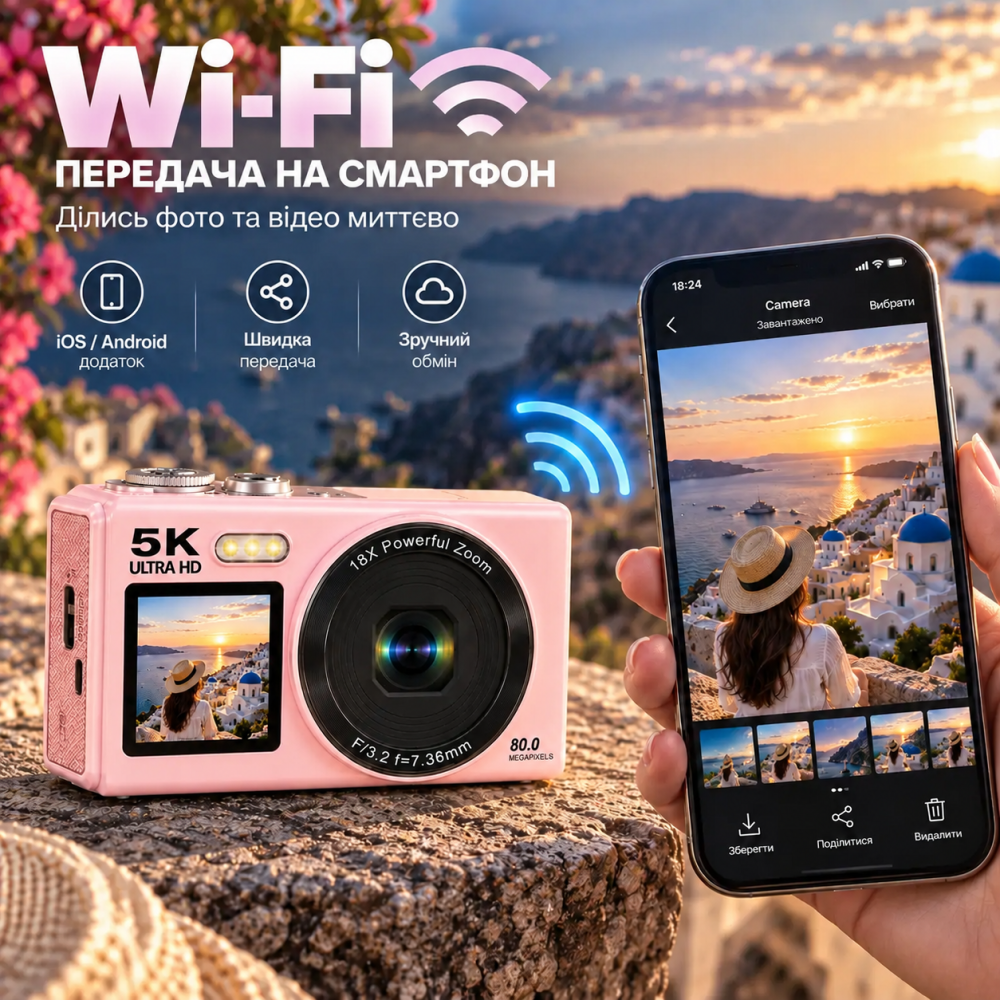 Цифрова камера 5K 80 МП Wi-Fi з подвійним екраном, EIS, 18x Zoom, 2 акумулятори + карта 64 ГБ, рожева Київ - фото 4