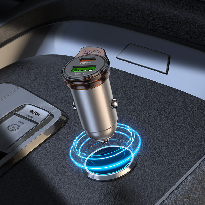Автомобільний зарядний пристрій HOCO NZ16A Rigorous 43W dual port PD25W+QC3.0 car charger set(C to iP) Metal Grey Одеса - фото 9