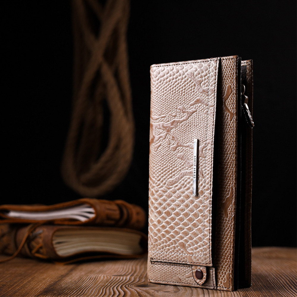 Стильний горизонтальний гаманець жіночий з натуральної фактурної шкіри KARYA 21101 Бежевий Київ - фото 10