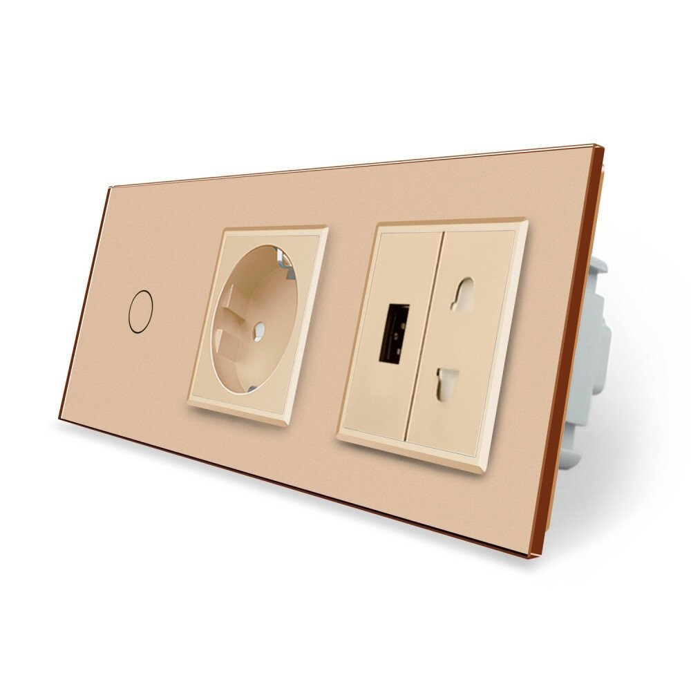 Розумний сенсорний прохідний/перехресний вимикач 1 сенсор 1 розетка 1 USB 1 розетка універсальна Livolo золотий скло (VL-C701SZC1EU1USBC1A-13) Коломия - фото 8