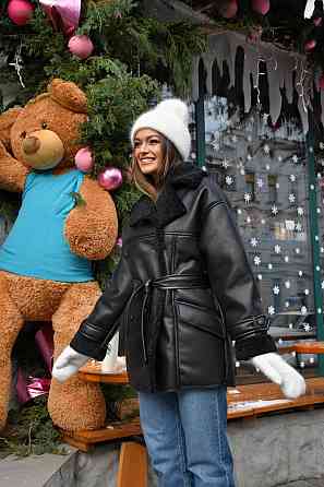 Женская стильная двубортная дубленка под пояс Черный 2, 42/44 Одесса