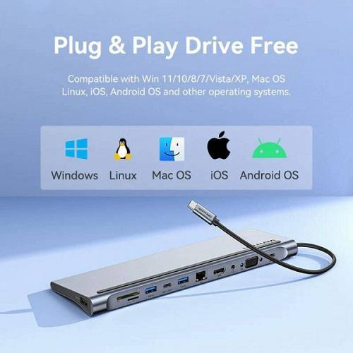 USB-хаб Vention Multi-function USB-C to HDMI/VGA/USB-C Gen 1/USB 3.0x2/USB 2.0/RJ45/SD/TF/TRRS 3.5mm/PD Docking Station 0.25m Київ - фото 5
