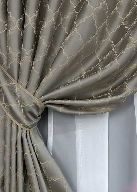 Комплект готовых штор VR-Textil Жаккард SAPFIR № 1755ш Серый с бежевым 150х300 см 2 шт (33-0711) Киев - изображение 5