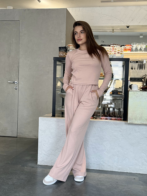 Женский костюм в рубчик с широкими штанами Бежевый XL/2XL Харьков - изображение 8