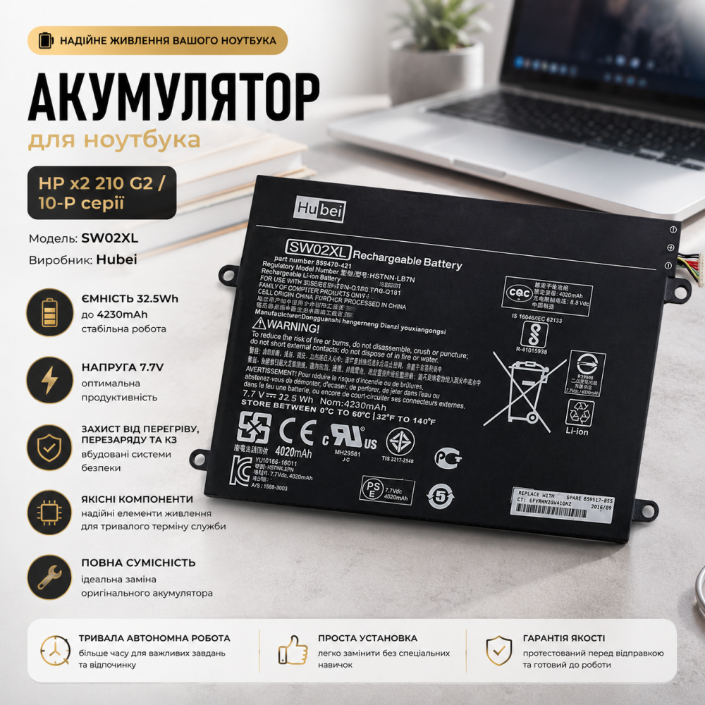 Аккумулятор для ноутбука HP x2 210 G2 / 10-P (SW02XL), 7.7V, 32.5Wh, 4000mAh, Hubei Киев - изображение 8