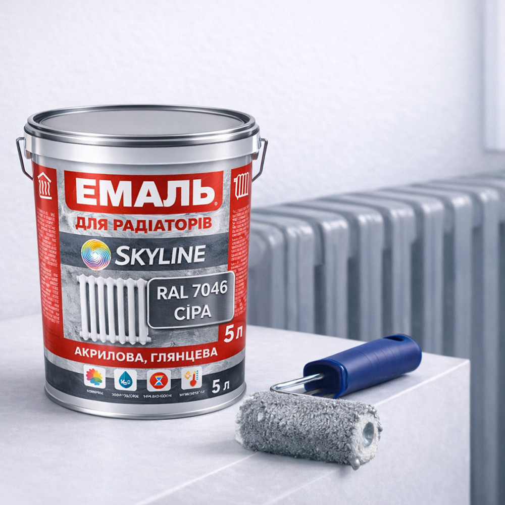 Акрилова емаль для радіаторів і труб опалення SkyLine, глянцева, термостійка, без запаху, сіра, 5л Харків - фото 1