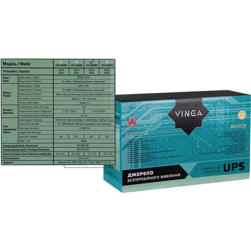 Джерело безперебійного живлення Vinga VPE-800MU 800ВА / 480 Вт з LED-індикацією з USB у металевому корпусі Киев - изображение 12