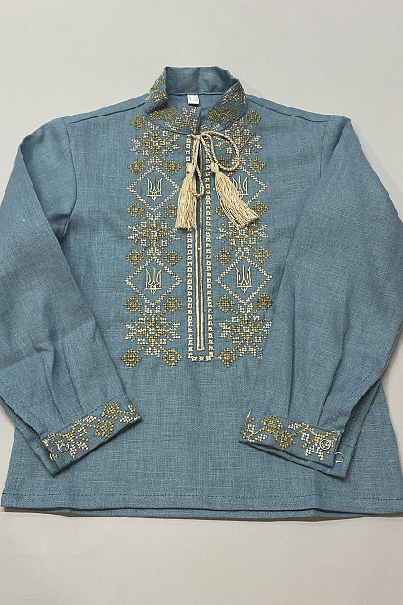 Вышиванка для мальчика Голубой лен с трезубцем Сумы - изображение 1