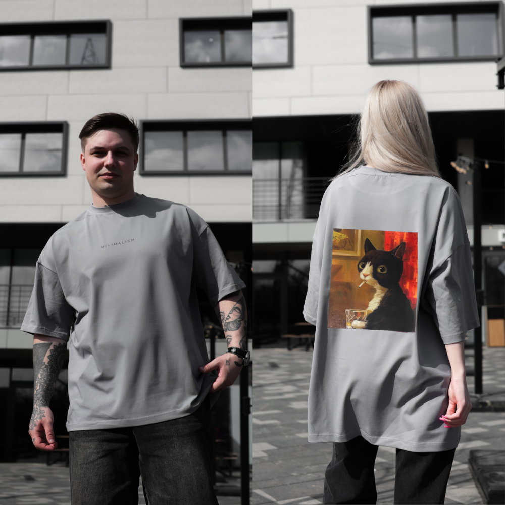 Парні футболки оверсайз(oversize) для чоловіка і дружини, для закоханих пар SANE з принтом кіт стрес сірі Одеса - фото 1