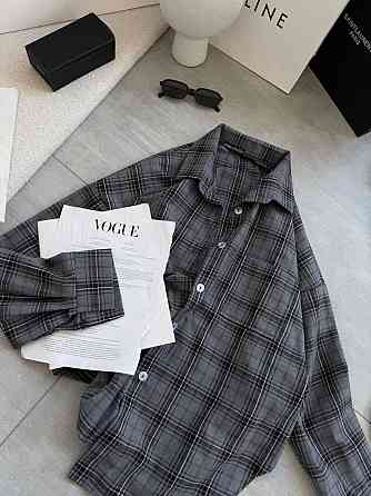 Женская стильная оверсайз рубашка в клетку фланель 100% коттон Графит Одесса