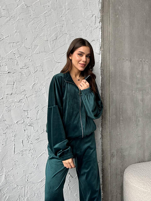 Жіночий прогулянковий костюм-двійка: кофта та штани з турецького велюру Смарагдовий, 46/48 Одеса - фото 8